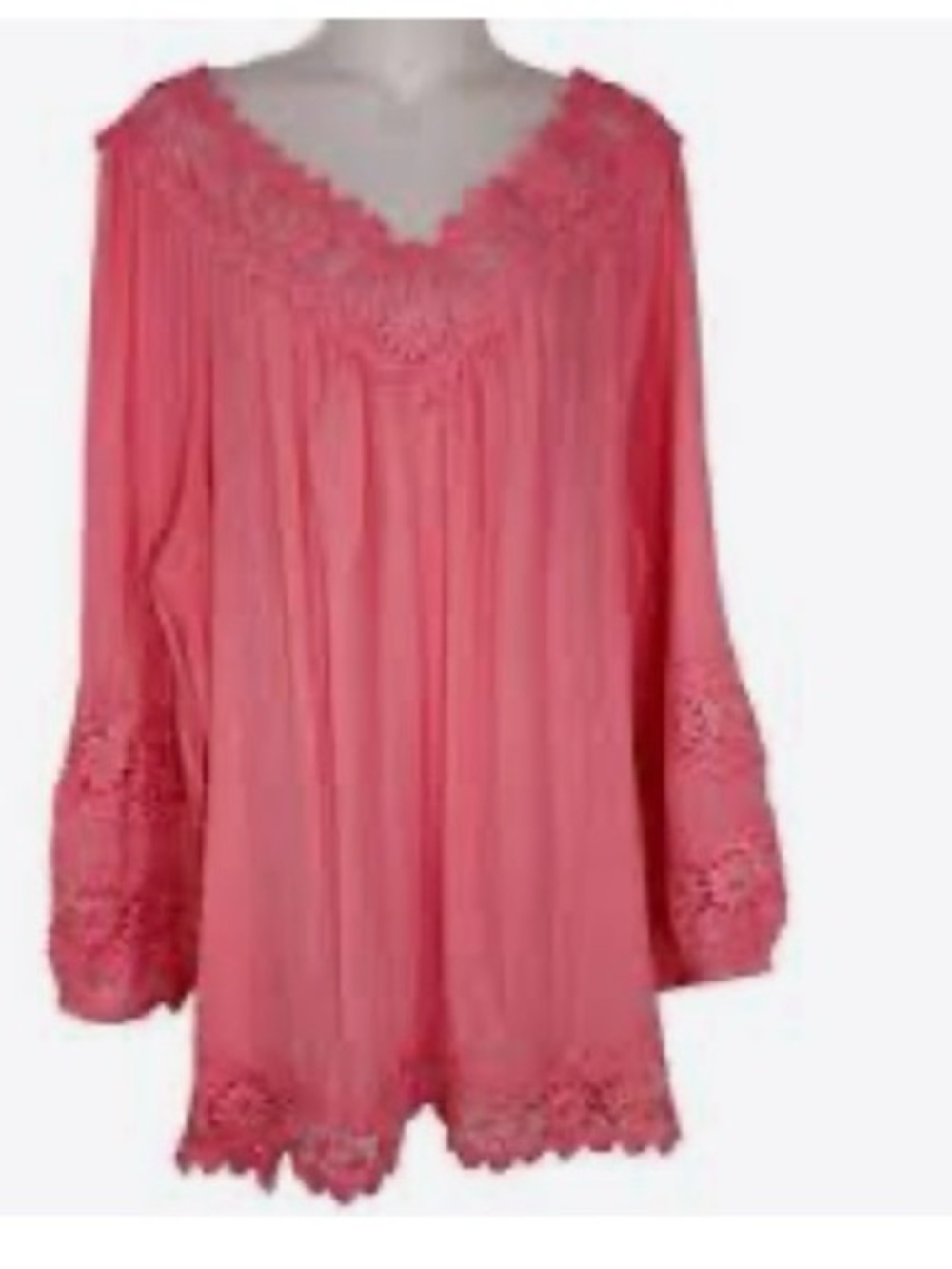 Indigo Soul Boho-Style Peasant Blouse Coral Floral Crochet Lace V-Neckline M